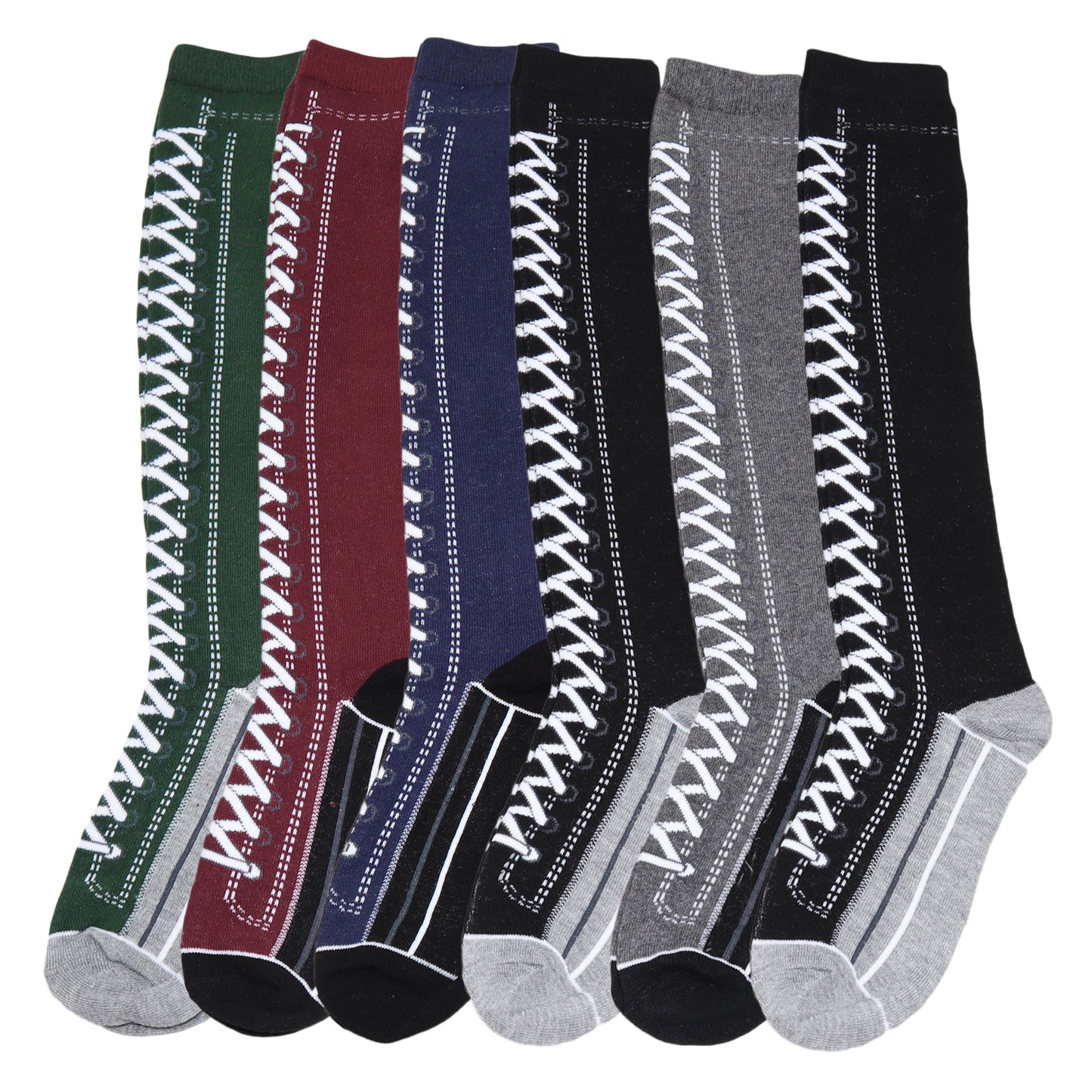 Cotton Knee-High Socks with Lace Up Boots Design (6-Pack)