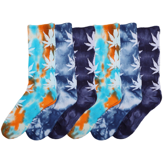 Novelty Rib Knit Crew Socks with Tie-Dye Leaf Print (6-Pairs)