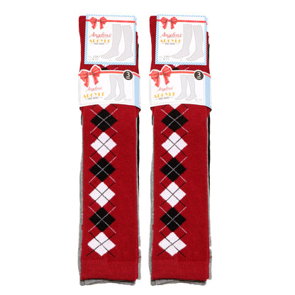 Argyle Knit Pattern Knee-High Socks (3-Pairs)