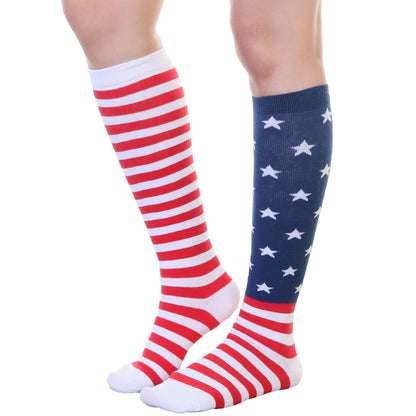 Mix-and-Match Novelty Patriotic USA Flag Knee-High Socks (3-Pairs)