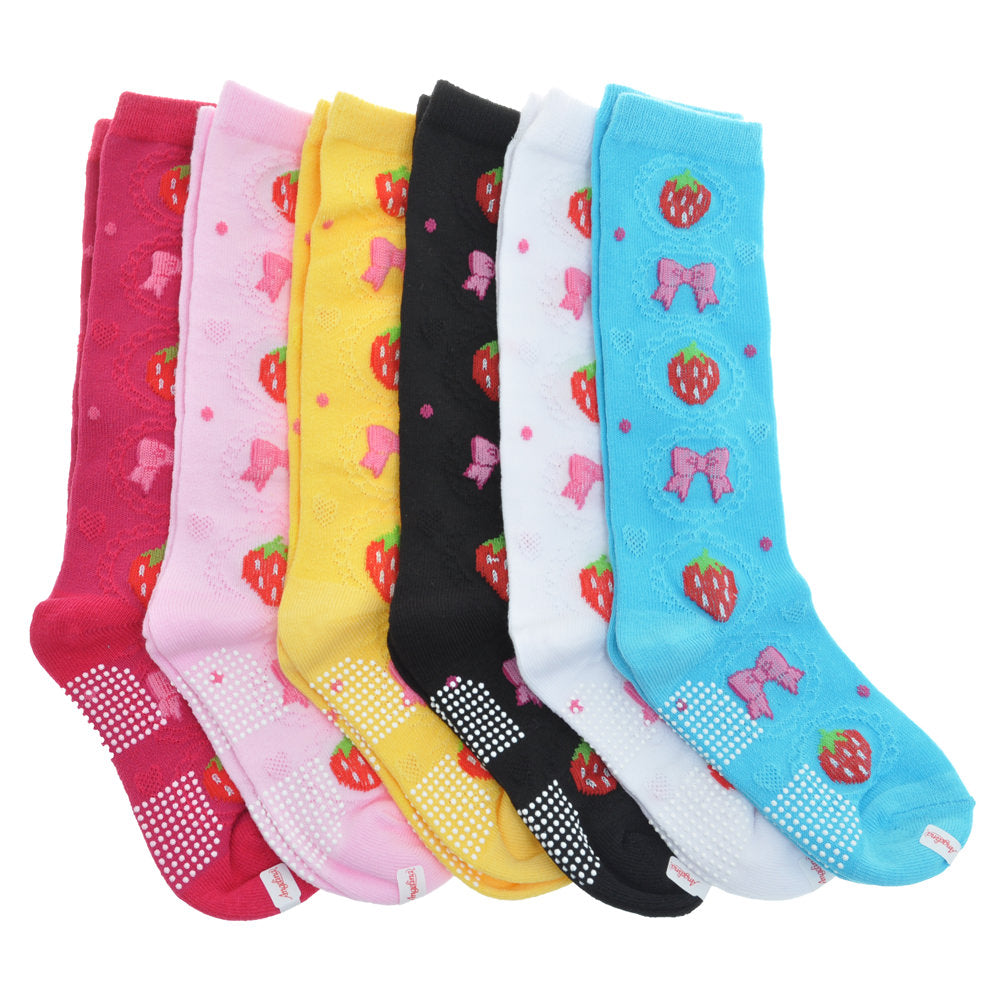 Girls Cotton Knee-High Socks with Bowtie Knit Print (6-Pairs)