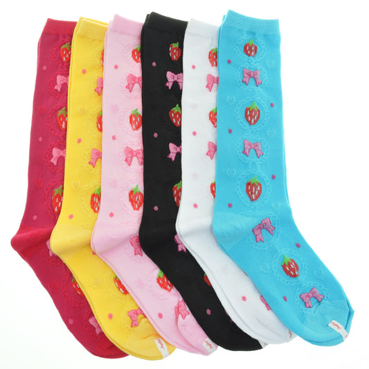 Girls Cotton Knee-High Socks with Bowtie Knit Print (6-Pairs)