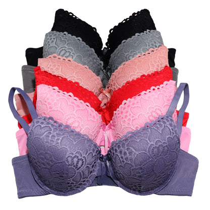 Matching Bra and Panties Set with Flower Lace Design (6-Pack)