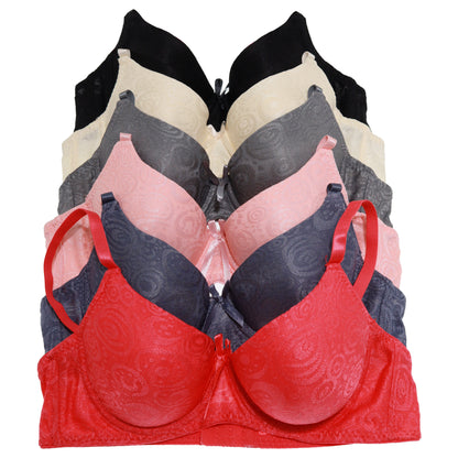 Wired A-Cup Bras with Swirl Print Design (6-Pack)