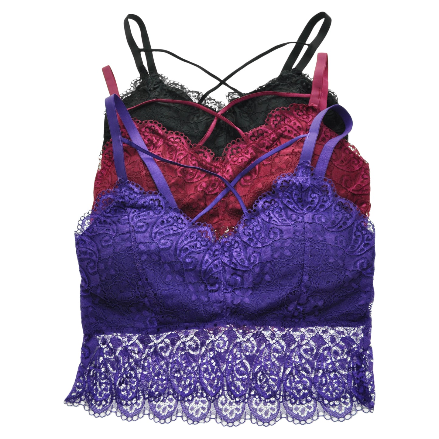 Lace Bralette with Criss Cross Straps (3-Pack)