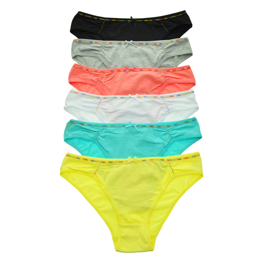 Cotton Side Ruched Bikinis with Rainbow Elastic Band (6-Pack)