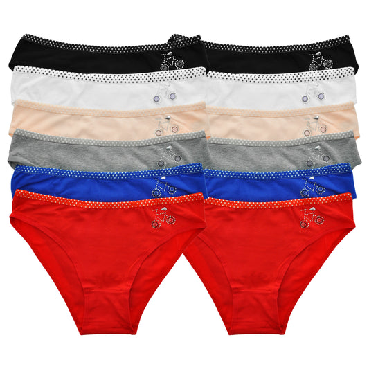 Cotton Bikini Panties with Rhinestone Bicycle Detail (6-Pack)