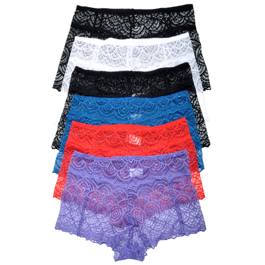 Lace Mid-Rise Waist Boyshorts (6-Pack)