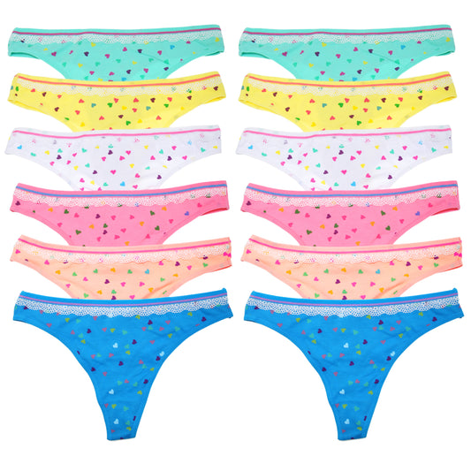 Cotton Thong Panties with Heart Print Design (12-Pack)