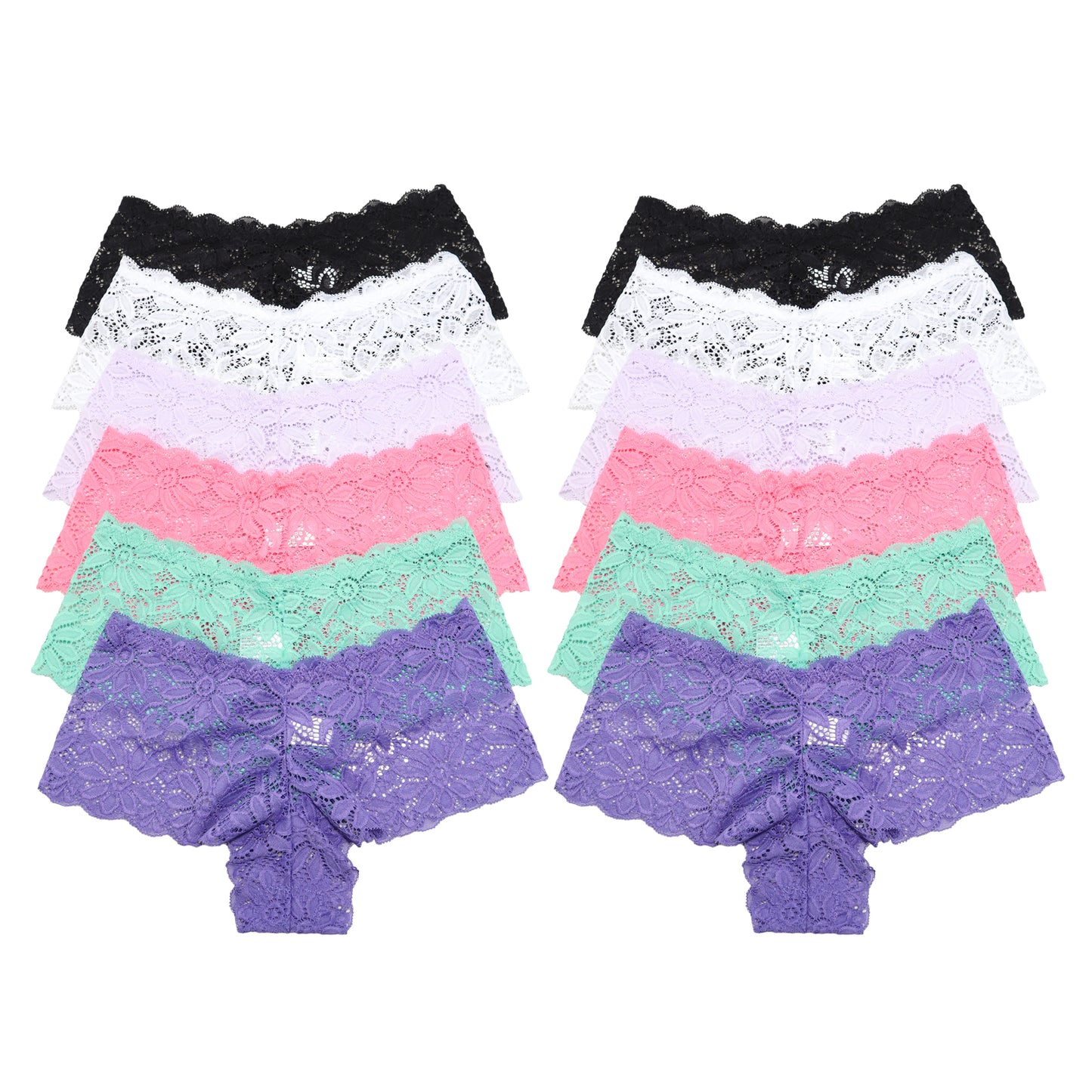Lace Cheeky Boxer Panties with Flower Design (12-Pack)