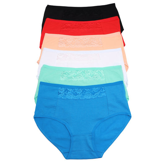 Classic Cotton Mid-Rise Brief Panties with Lace Waist Accent (6-Pack)
