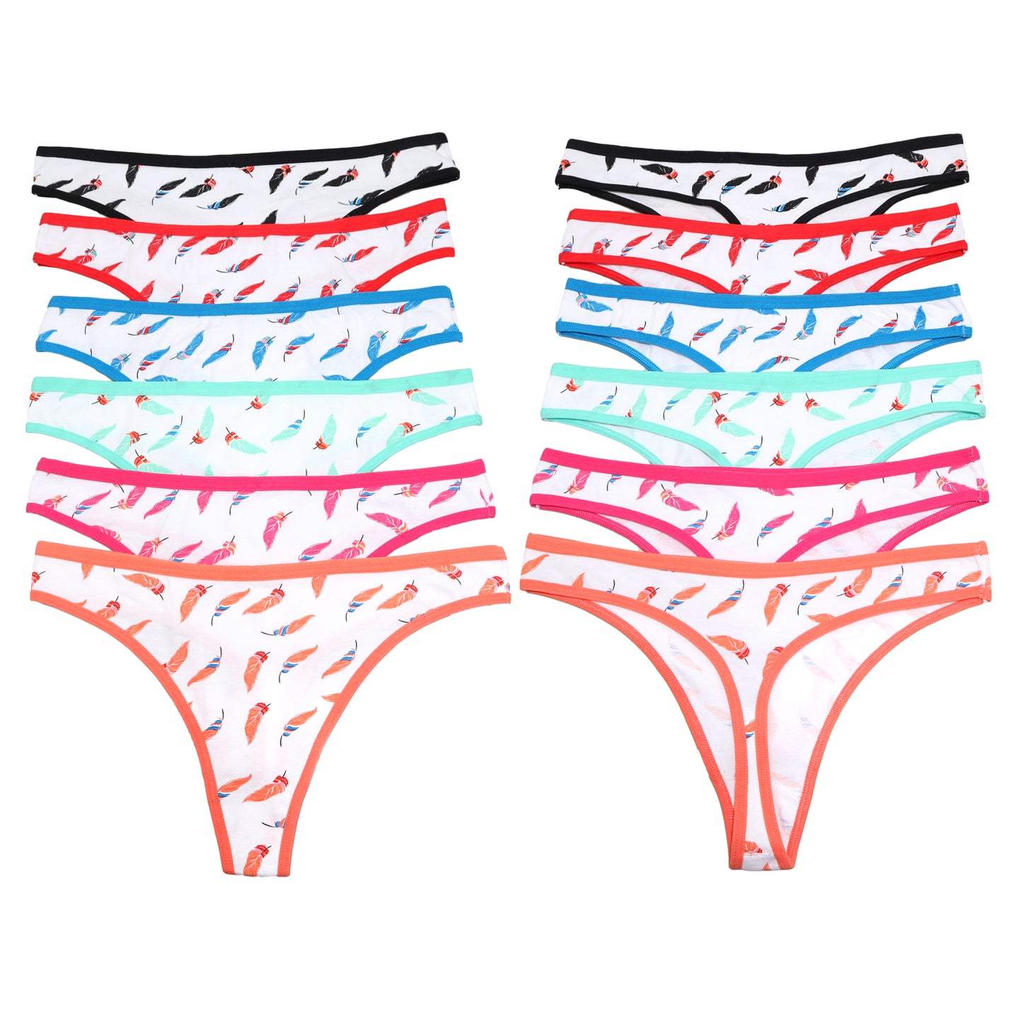 Cotton Thong Panties with Feather Print Design (12-Pack)