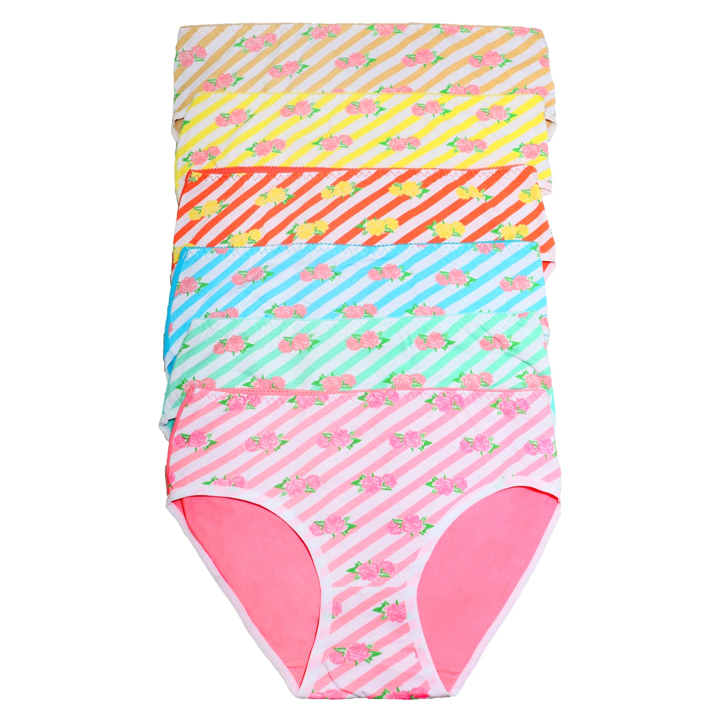 Cotton Bikini Panties with Roses and Stripes Design (6-Pack)