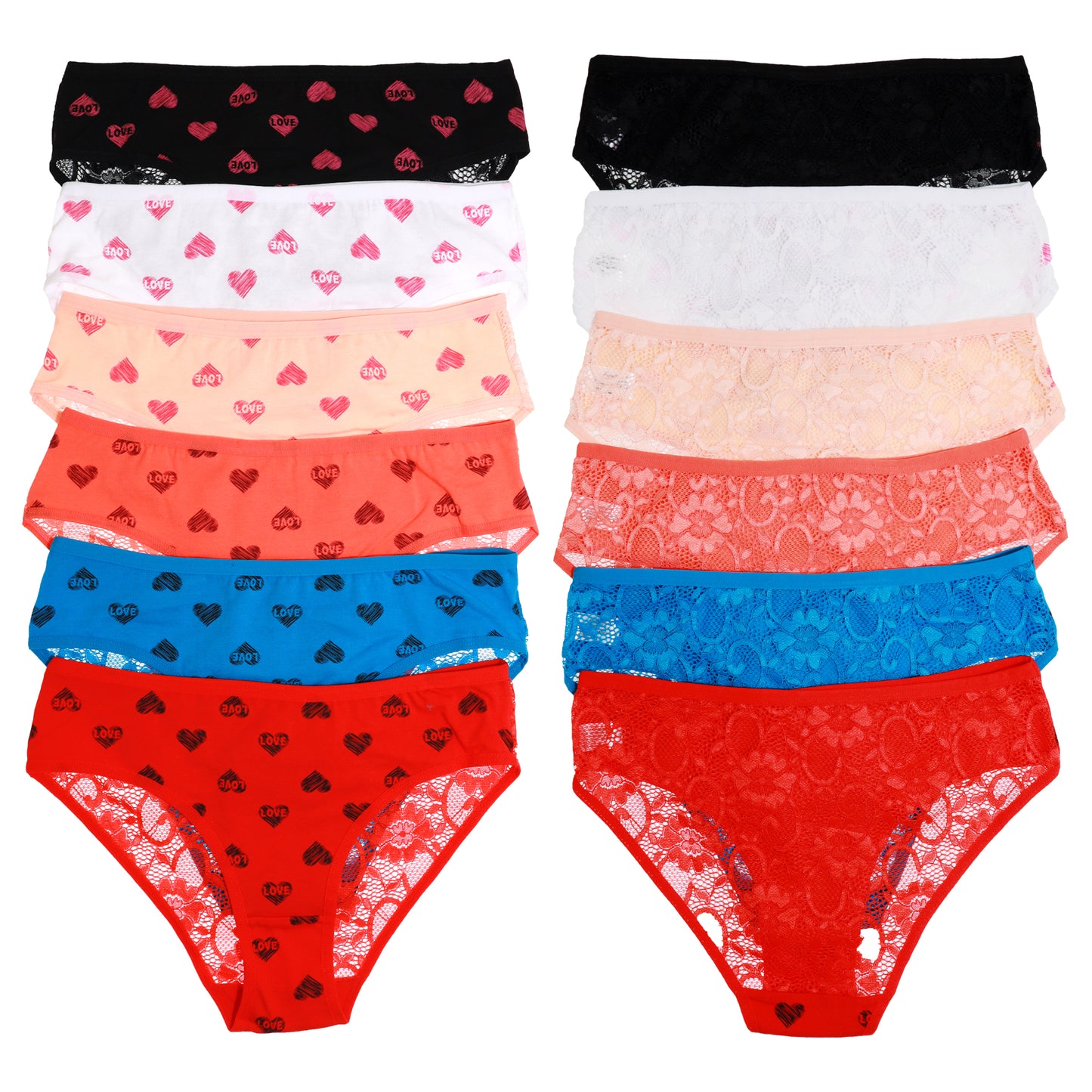 Cotton Bikini Panties with Heart Prints and Floral Lace Back (6-Pack)