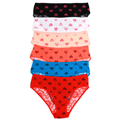 Cotton Bikini Panties with Heart Prints and Floral Lace Back (6-Pack)