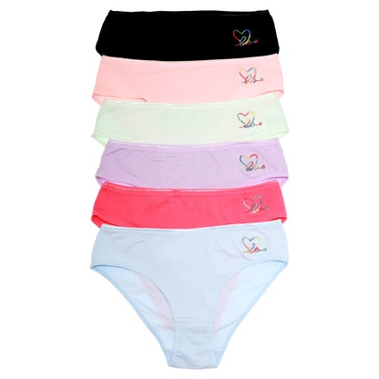 Cotton Bikini Panties with Love Embroidery Design (6-Pack)