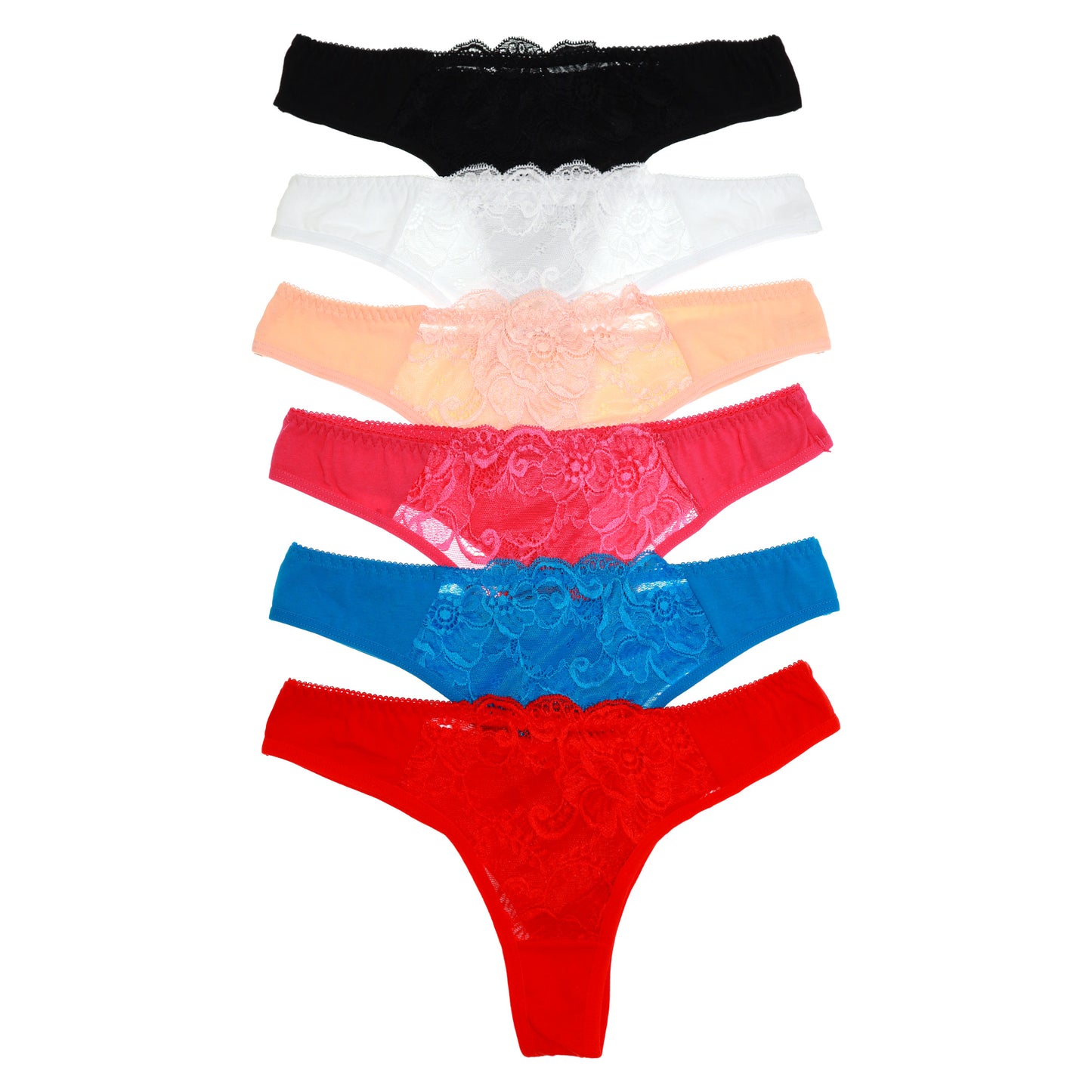 Cotton Thong Panties with Front Lace Accent (6-Pack)