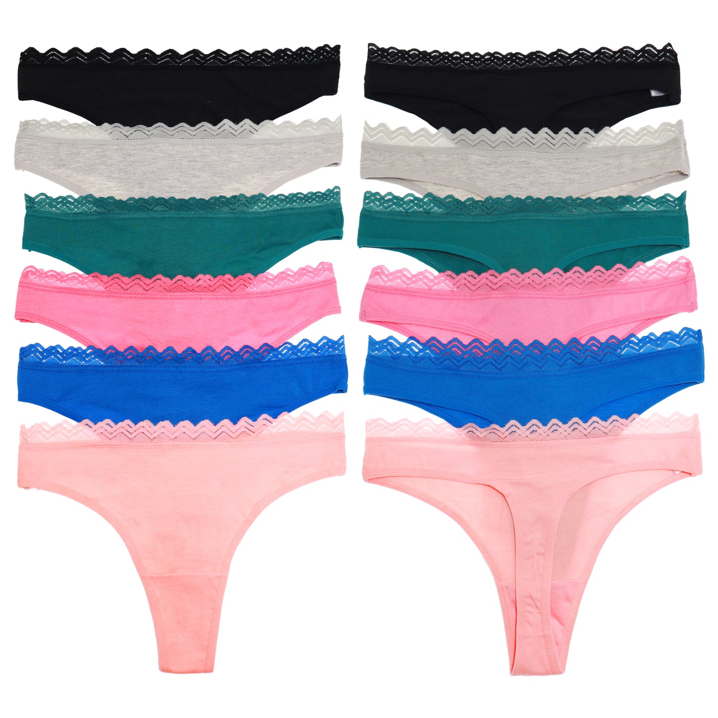 Cotton Thong Panties with Lace Waist (6-Pack)