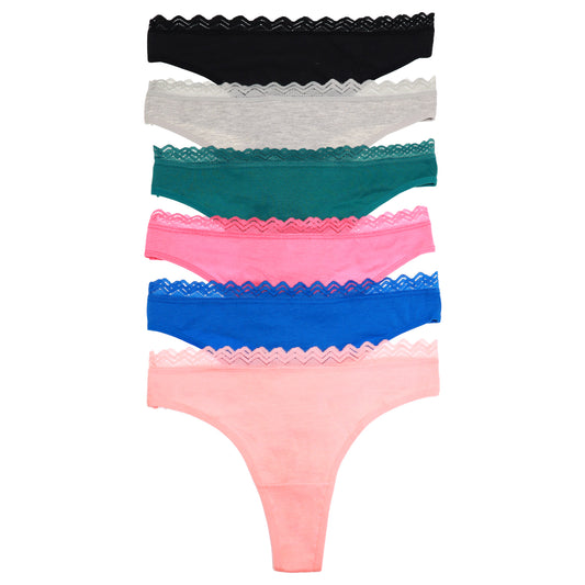 Cotton Thong Panties with Lace Waist (6-Pack)