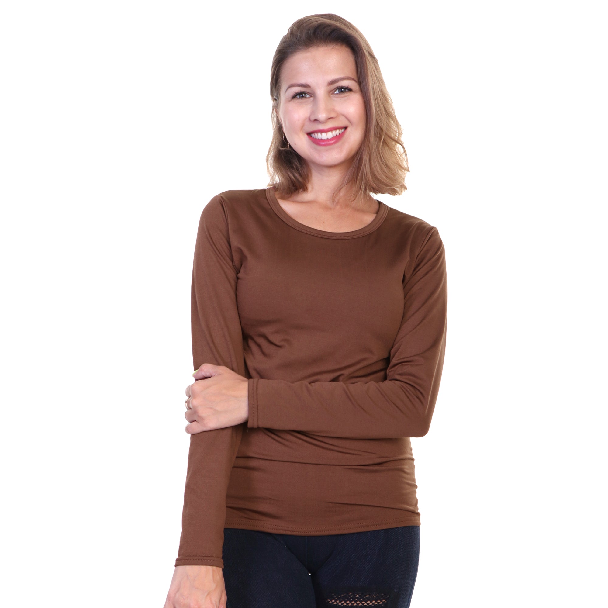 Women s Brushed Fleece Long Sleeve Crewneck Thermal Tops 3 Pack