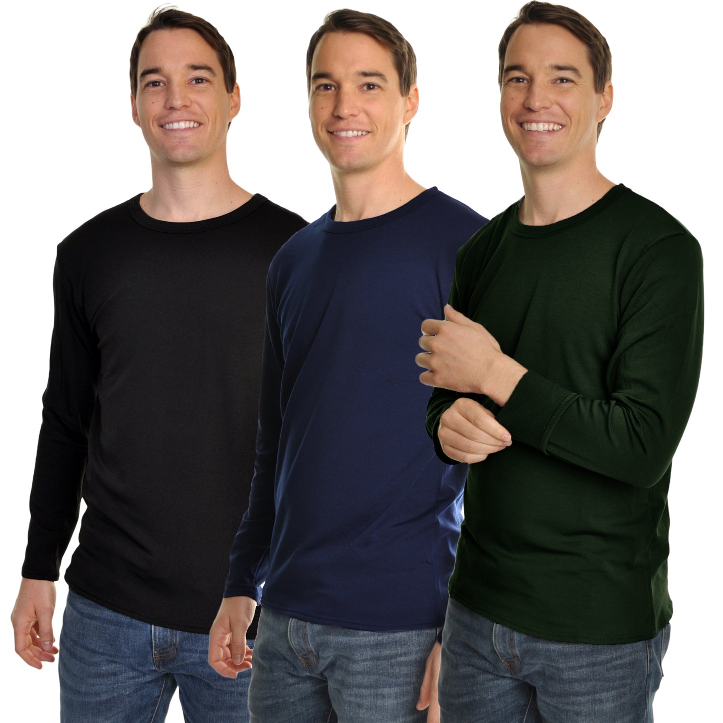 Men's Brushed Fleece Long-Sleeve Crewneck Thermal Tops (3-Pack)
