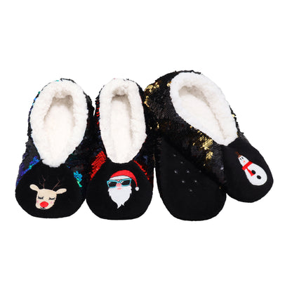 Winter-Weight Sherpa-Lined Reversible Sequin Slipper Socks (3-Pairs)