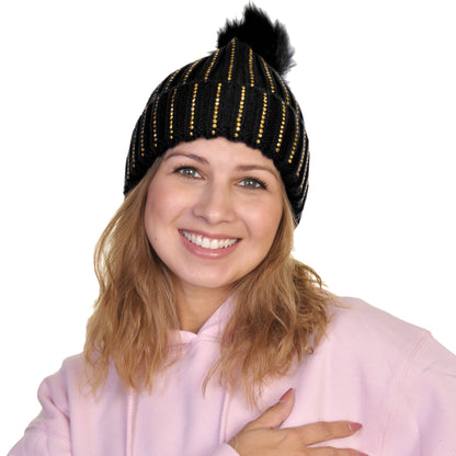 Pom-Pom Knit Beanies with Rhinestone Accent Design (2-Pack)