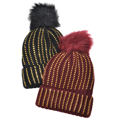 Pom-Pom Knit Beanies with Rhinestone Accent Design (2-Pack)